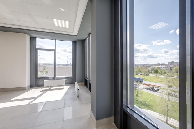 Empty modern hall room with columns doors and panoramic windows