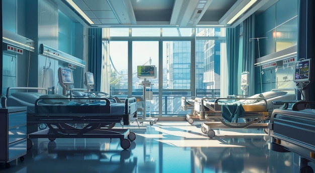 Photo an empty modern hospital room with medical equipment a bed and bright lighting showcasing cleanliness and advanced healthcare facilities