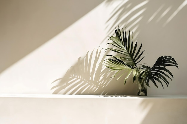 Empty modern minimal counter in dappled sunlight and tropical foliage palm leaf