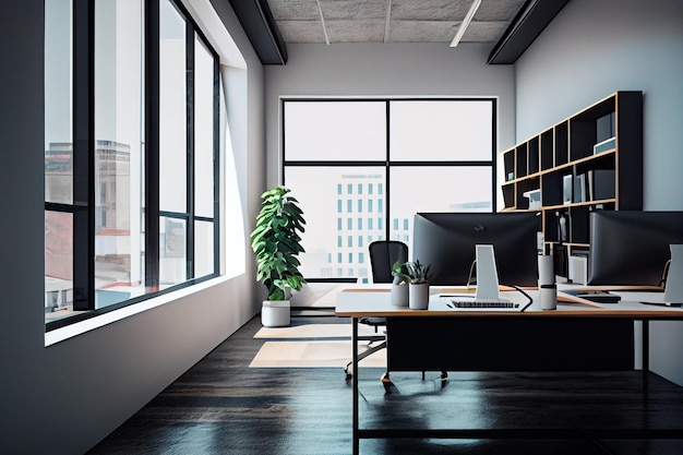 Empty modern office background in city center Workspace interior design Clean and bright office gallery background Generative AI