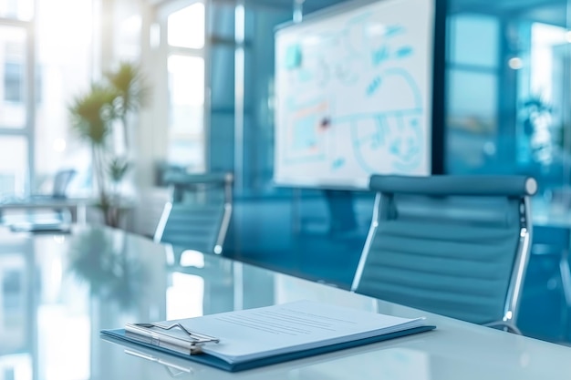 Photo empty modern office boardroom with contract on a desk in a blue toned focus on silver pen