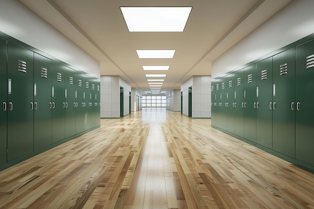 Empty modern school hallway with lockers on the sides and wooden floor