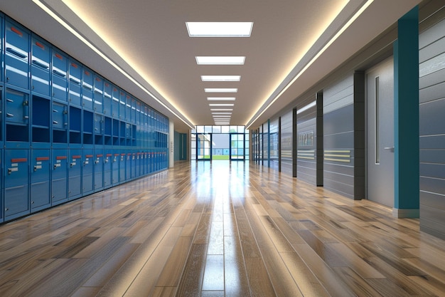 Photo empty modern school hallway with lockers on the sides and wooden floor