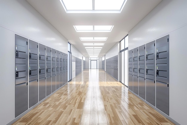 Photo empty modern school hallway with lockers on the sides and wooden floor