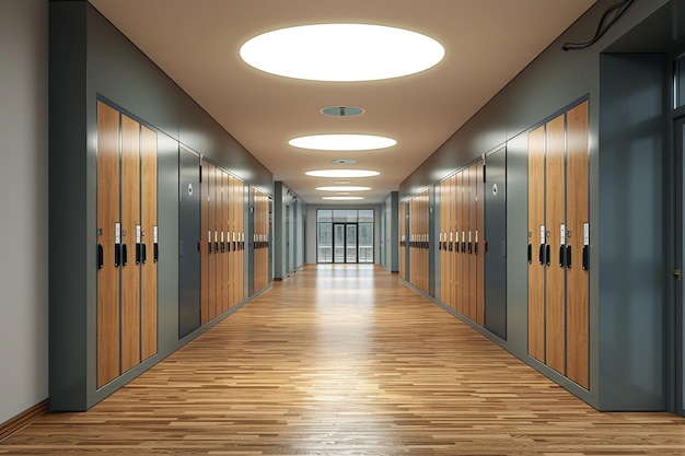 Empty modern school hallway with lockers on the sides and wooden floor