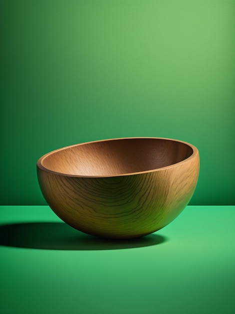 Empty modern wooden bowl for food isolated on green background Generative AI