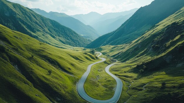 Empty mountain road winding through green valleys aerial shot with copy space for text or design