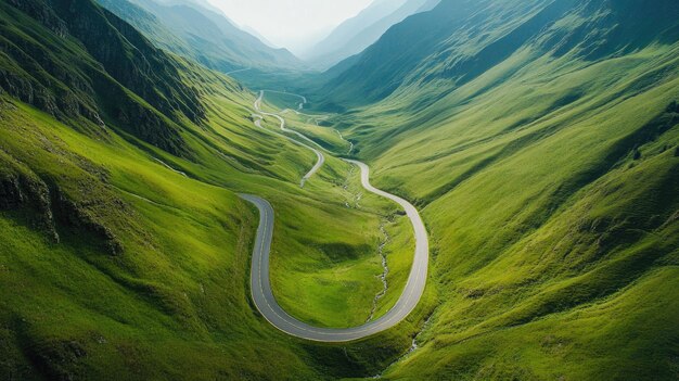 Photo empty mountain road winding through green valleys aerial shot with copy space for text or design