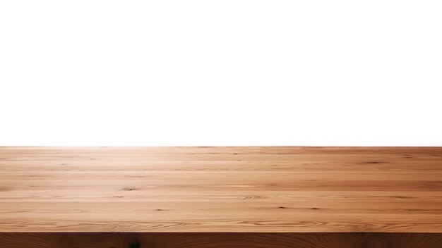 Empty natural wood table top and blur bokeh white wall background Generative AI