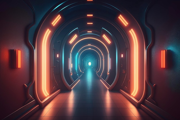 The empty neon tunnel of the futuristic scifi networkAI technology generated image