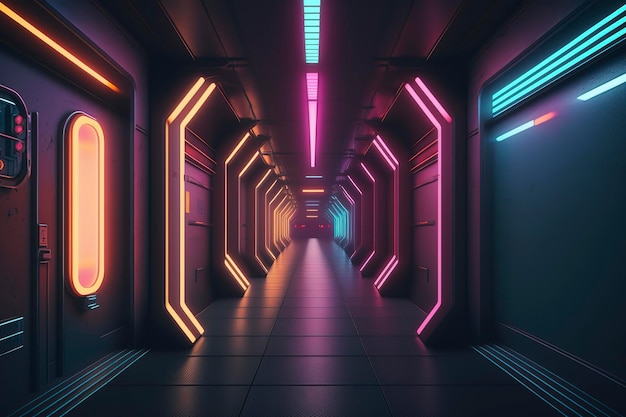 The empty neon tunnel of the futuristic scifi networkAI technology generated image