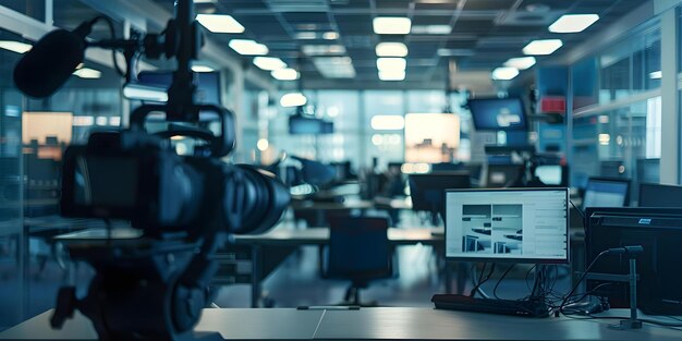 Photo empty newsroom with silent desks and cameras waiting for breaking news concept newsroom ambiance silent desks cameras breaking news journalism