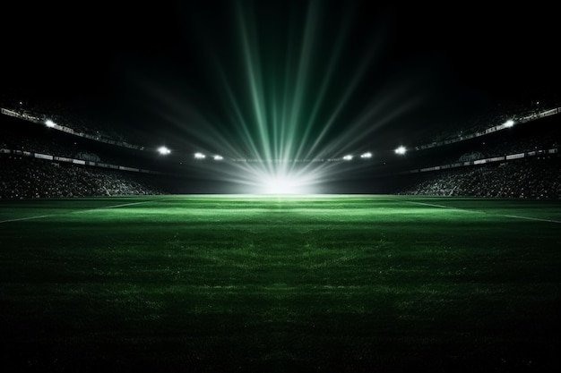 Empty night soccer arena with illuminated green field and soccer background view