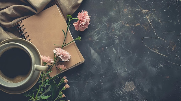 Empty notebook on the table and flowers and a cup of coffee on a dark background