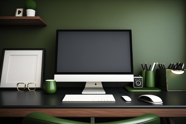 Empty office desk with stationery and leather boulevard