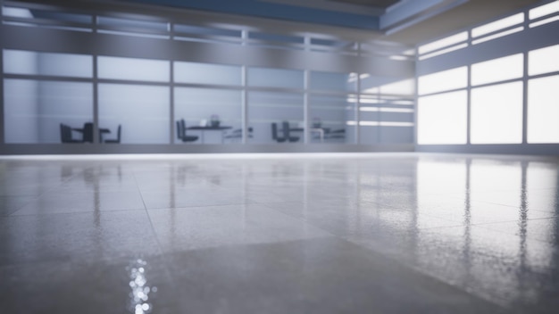 empty office space with large window, glass walls and  background at sunrise with open clean room to