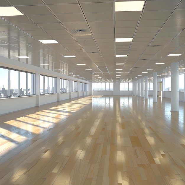 Empty Office Space With Large Windows and Hardwood Floor