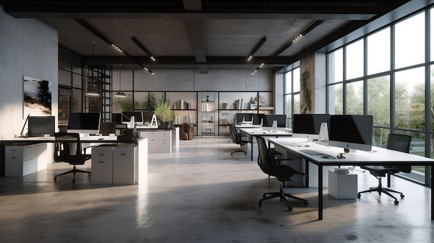 An empty office space with a lot of desks and a large window.