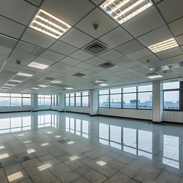 Empty Office Space with Windows and Shiny Floor