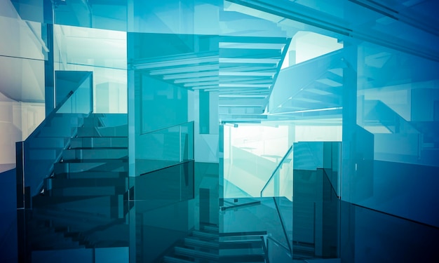 Empty office with columns and large windows, Indoor building. business space with blue light effects