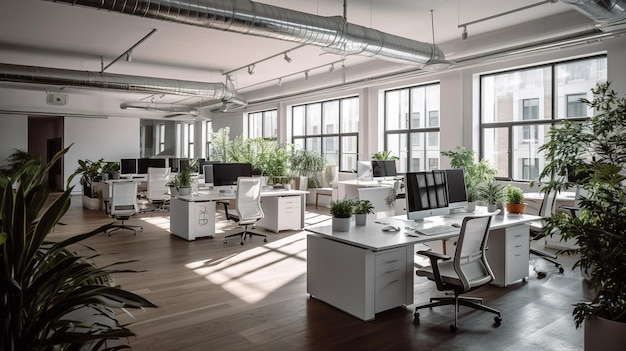 An empty office with a desk and chairs and a planter on the wall.