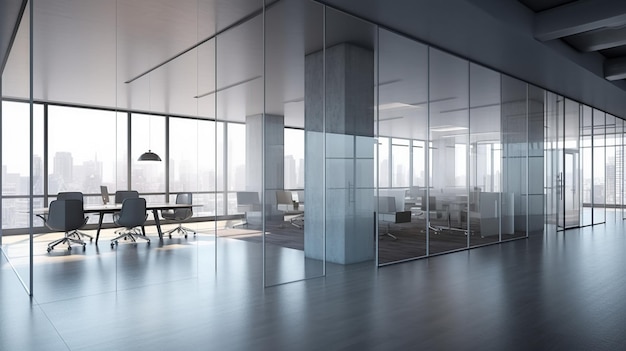 An empty office with glass walls and a desk with a sign that says'open office '