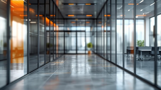 An Empty Office With Glass Walls and Desks