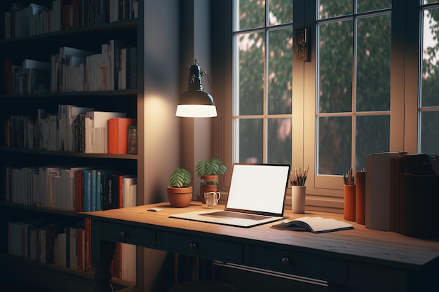 An empty office with a laptop and books on the desk