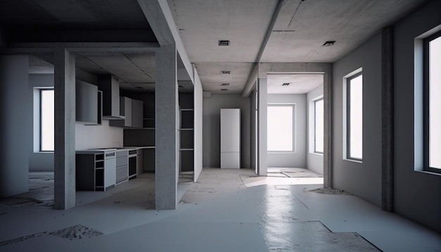 Empty office with large windows on ceiling and floor. Room interior in white colors. Internal structure of modern city architecture, inner design project visualization Realistic 3d  illustration.