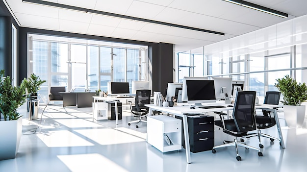 An empty office with a lot of computers on the floor and a window behind it.