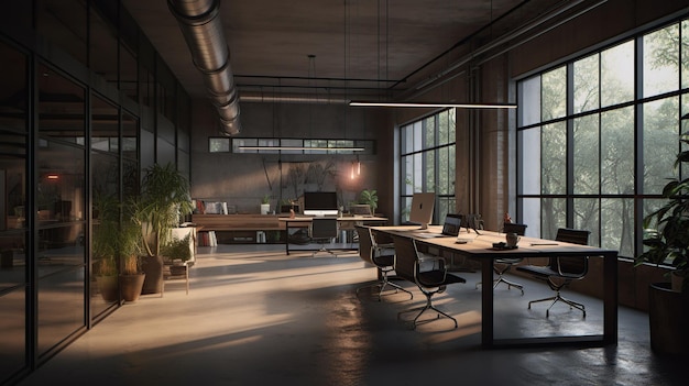 An empty office with a lot of plants on the floor