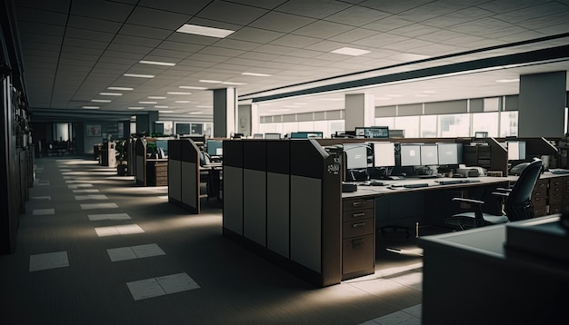 An empty office with a row of cubicles and a desk with a monitor on it.