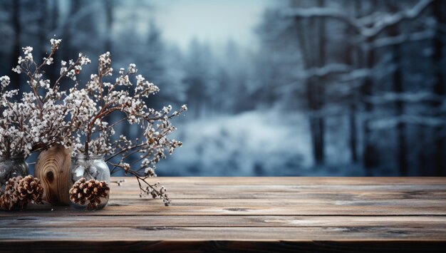 Empty old wooden table with winter theme in background