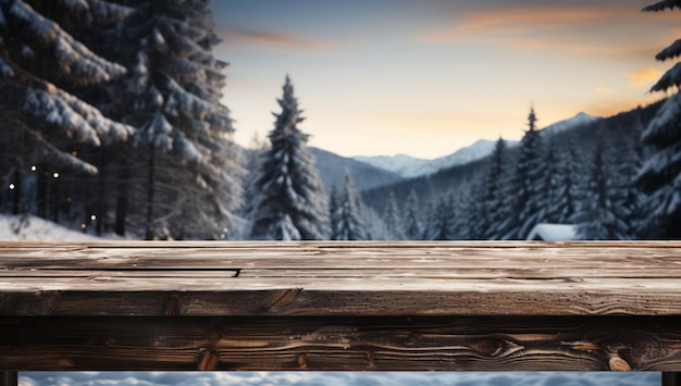 Empty old wooden table with winter theme in background