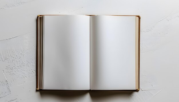 An empty open book lies on a white table showcasing its blank rectangle pages