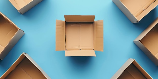 Empty open cardboard box in the middle on a blue background