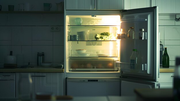 Empty open fridge in domestic kitchen Generative AI