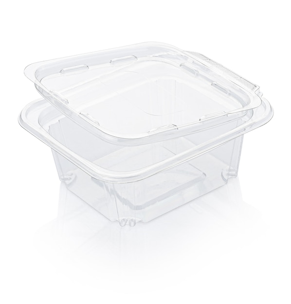 Empty open transparent plastic food container isolated on white with clipping path