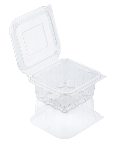 Empty open transparent plastic food container isolated on white with clipping path