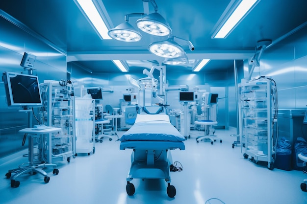 Empty operating room with patient lying under cover Generative AI