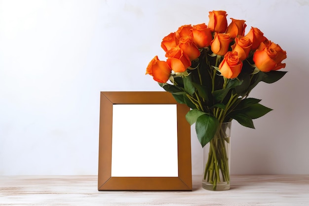 Empty Orange Frame With Red Roses In Vase