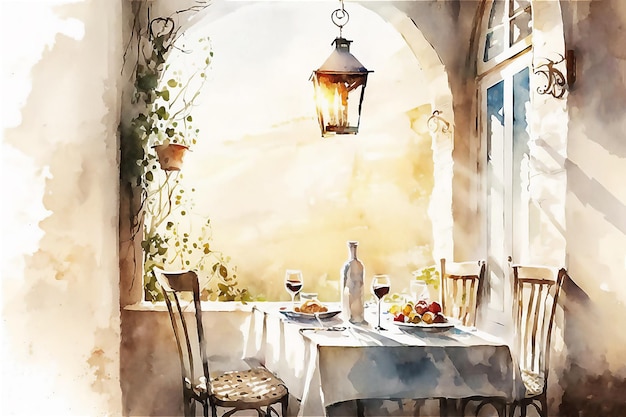 Empty outdoors restaurant or cafe with table and chairs in Provencal style Summer holiday Watercolor illustration Generated AI