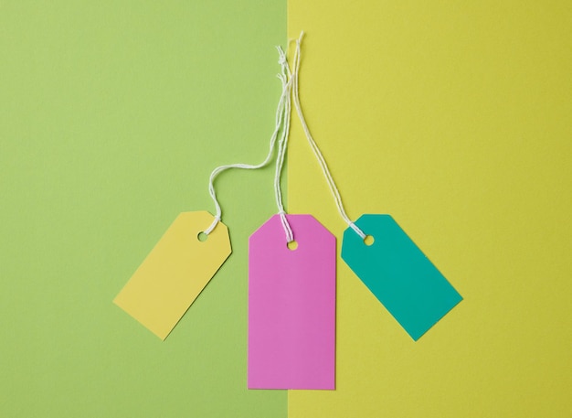 Empty paper tags on a rope green background Price template