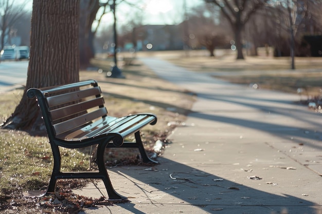 An empty park bench next to a tall tree bathed in soft sunlight lining a quiet serene path in an urban park