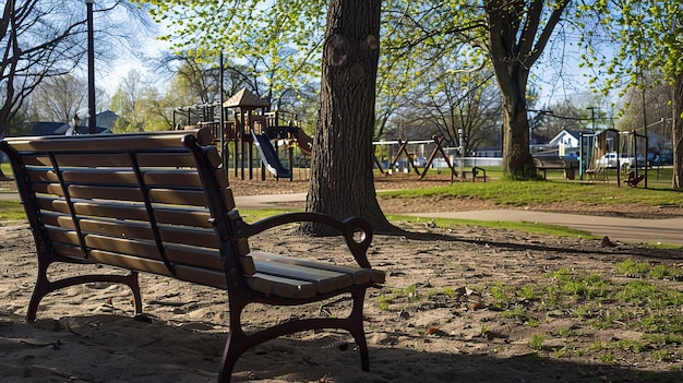 Photo empty park bench with a playground in the background on a sunny day the park is quiet and surrounded by green trees and grass creating a peaceful atmosphere generative by ai