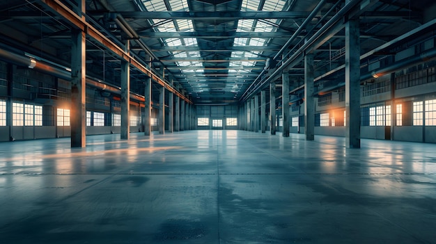 Empty parking garage interior with industrial lighting and concrete columns