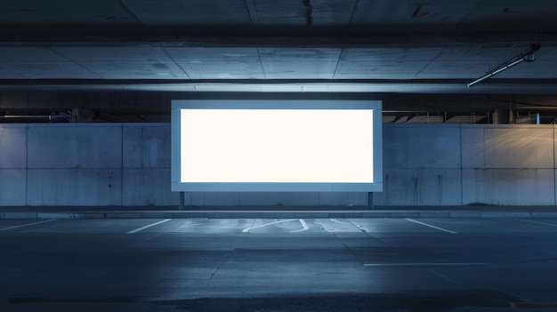 Photo empty parking garage with blank billboard for advertising at twilight