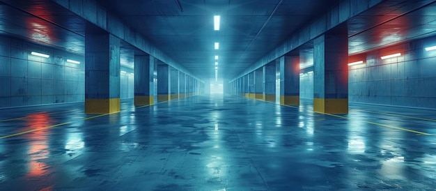 Photo empty parking garage with wet floor and neon lights