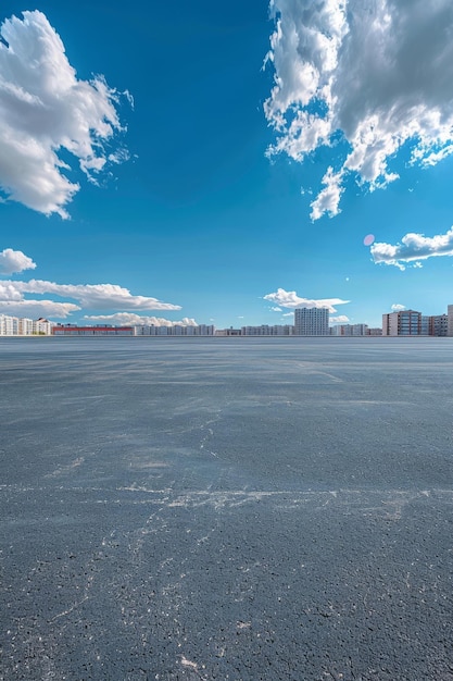 An empty parking lot with a clear blue sky and white clouds