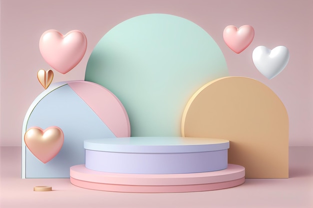 Empty pastel cylinder podium with 3D hearts and copy space background Valentine's Day interior with pedestal Mockup space for display of product 3D rendering